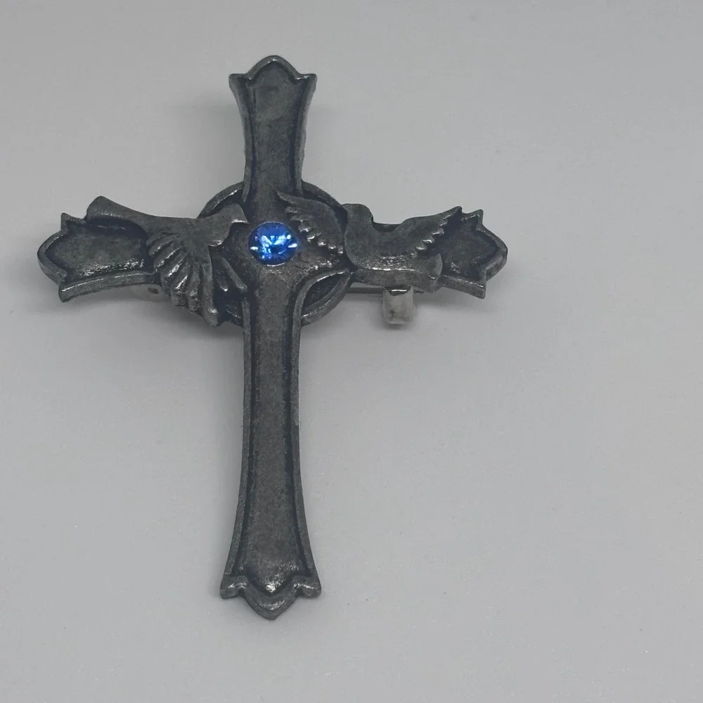 Boehm Cross Brooch‎ Pewter Tone Blue Rhinestone Vintage Signed
